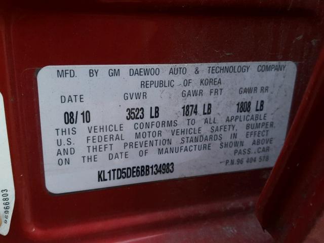 KL1TD5DE6BB134983 - 2011 CHEVROLET AVEO LS RED photo 10