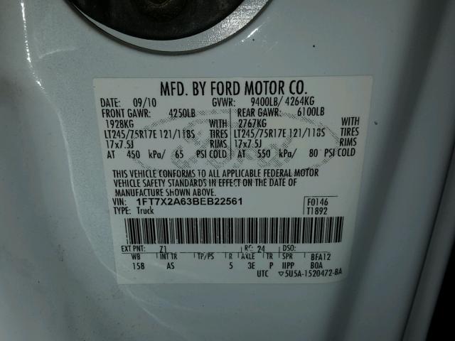 1FT7X2A63BEB22561 - 2011 FORD F250 SUPER WHITE photo 10