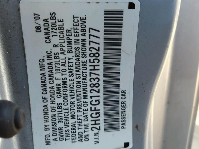 2HGFG12837H582777 - 2007 HONDA CIVIC EX SILVER photo 10