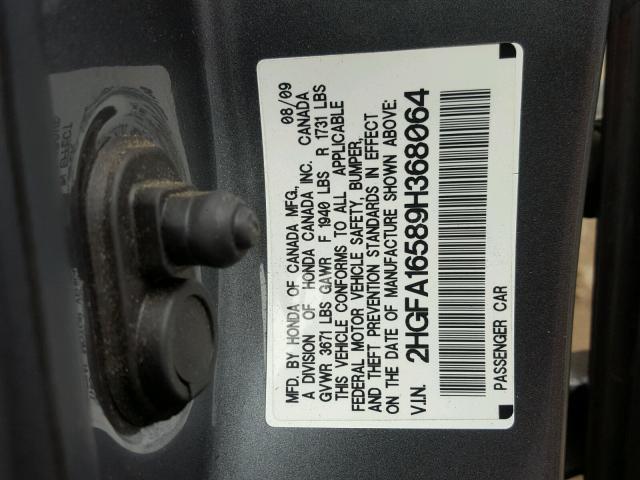 2HGFA16589H368064 - 2009 HONDA CIVIC LX CHARCOAL photo 10