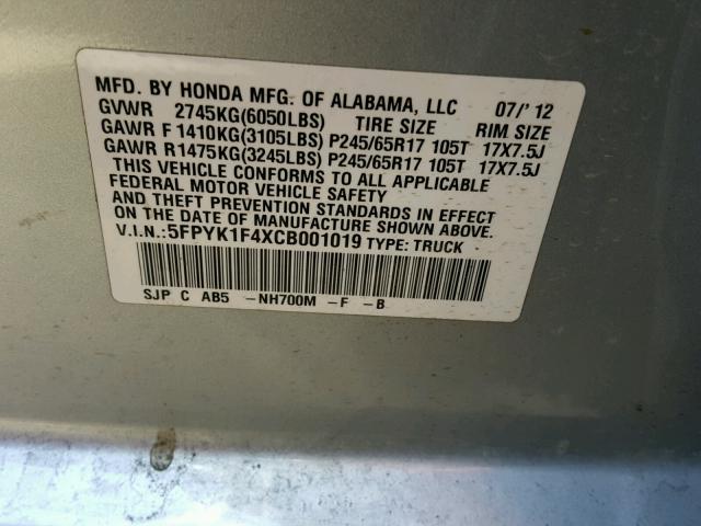 5FPYK1F4XCB001019 - 2012 HONDA RIDGELINE SILVER photo 10