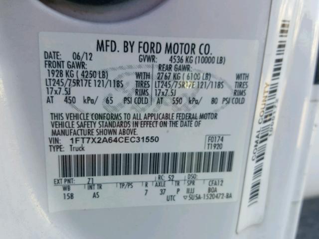 1FT7X2A64CEC31550 - 2012 FORD F250 SUPER WHITE photo 10