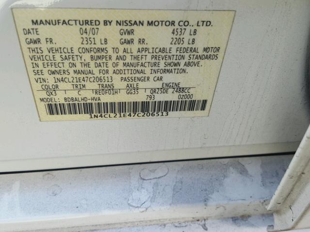 1N4CL21E47C206513 - 2007 NISSAN ALTIMA HYB WHITE photo 10