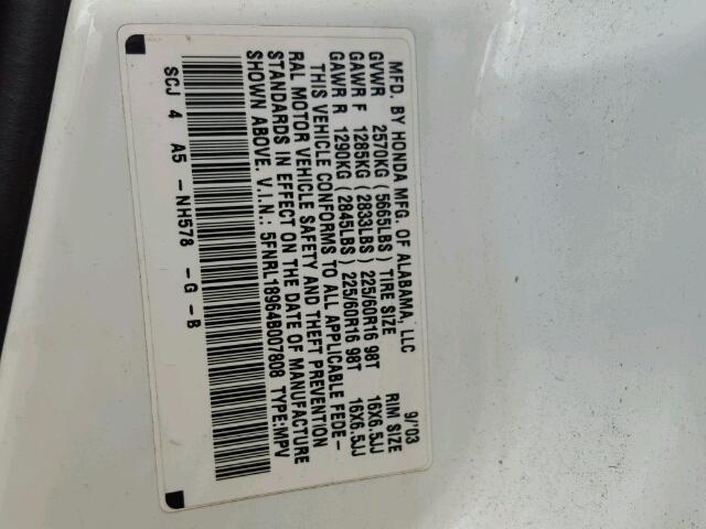 5FNRL18964B007808 - 2004 HONDA ODYSSEY EX WHITE photo 10