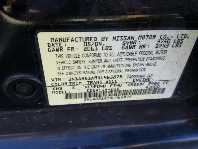 3N1AB51A94L465875 - 2004 NISSAN SENTRA 2.5 BLACK photo 10