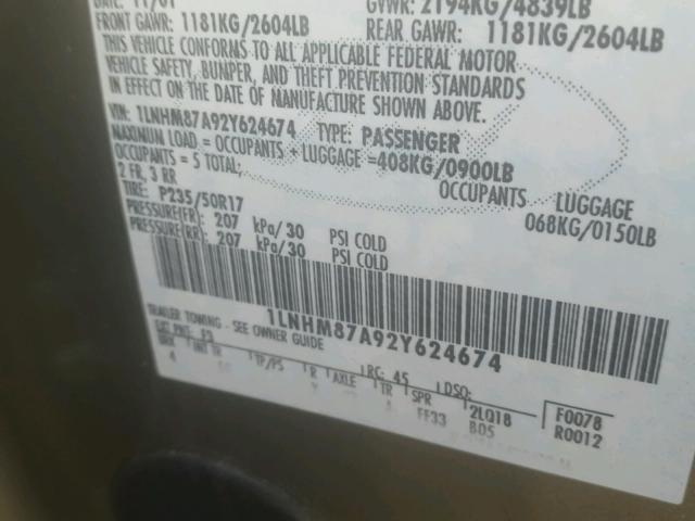 1LNHM87A92Y624674 - 2002 LINCOLN LS 绿色 照片 10