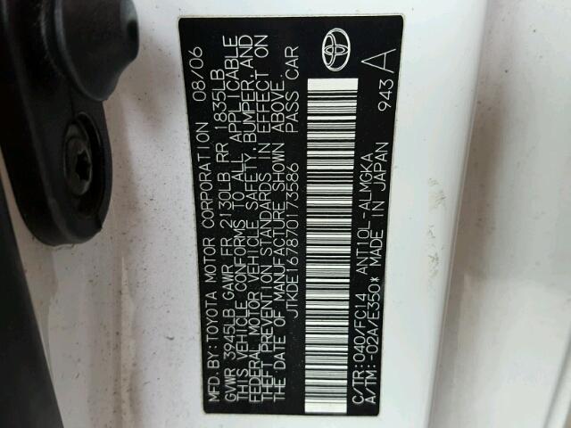 JTKDE167870173586 - 2007 TOYOTA SCION TC 白色 照片 10