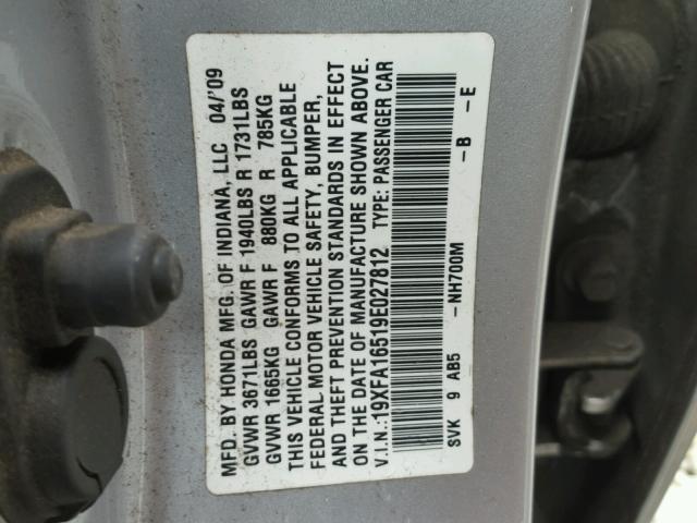 19XFA16519E027812 - 2009 HONDA CIVIC LX SILVER photo 10