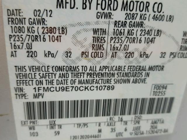 1FMCU9E70CKC10789 - 2012 FORD ESCAPE LIM SILVER photo 10