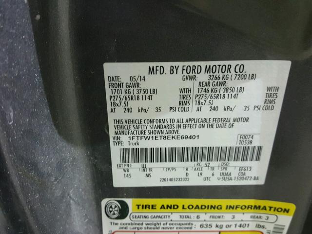 1FTFW1ET8EKE69401 - 2014 FORD F150 SUPER GRAY photo 10