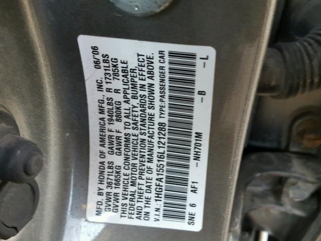 1HGFA15516L121288 - 2006 HONDA CIVIC LX GRAY photo 10