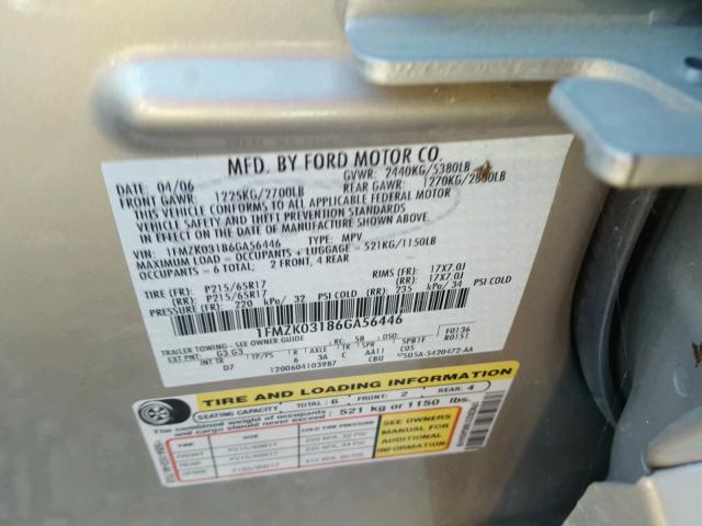 1FMZK03186GA56446 - 2006 FORD FREESTYLE BEIGE photo 10