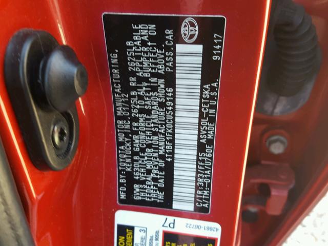 4T1BF1FK0CU549146 - 2012 TOYOTA CAMRY BASE RED photo 10