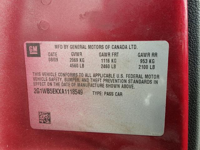 2G1WB5EKXA1118549 - 2010 CHEVROLET IMPALA LT Շագանակագույն լուսանկար 10