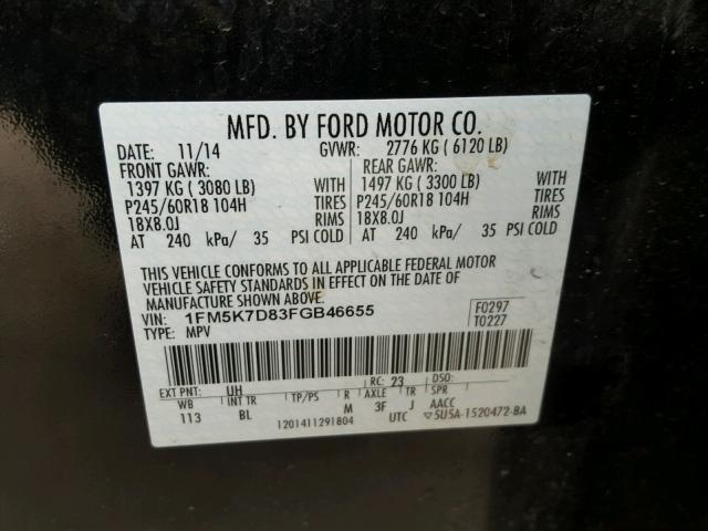 1FM5K7D83FGB46655 - 2015 FORD EXPLORER X BLACK photo 10