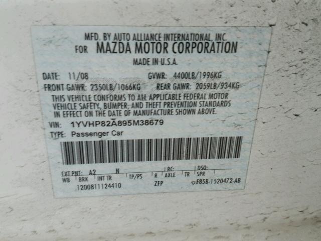 1YVHP82A895M38679 - 2009 MAZDA 6 WHITE photo 10