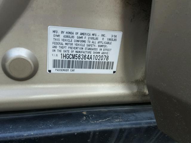 1HGCM56364A102078 - 2004 HONDA ACCORD LX GOLD photo 10