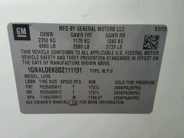 1GNALDEK8DZ111191 - 2013 CHEVROLET EQUINOX LT CREAM photo 10