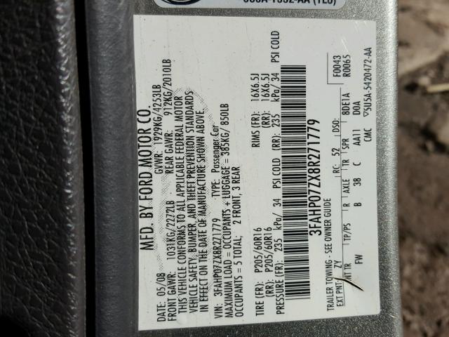 3FAHP07ZX8R271779 - 2008 FORD FUSION SE SILVER photo 10