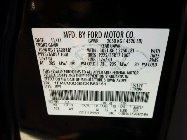 1FMCU0DG5CKB50151 - 2012 FORD ESCAPE XLT BLACK photo 10