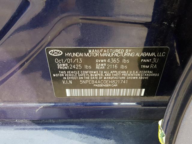 5NPEB4AC0EH821741 - 2014 HYUNDAI SONATA GLS BLUE photo 10