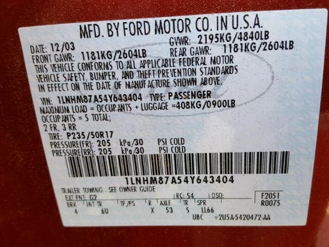 1LNHM87A54Y643404 - 2004 LINCOLN LS RED photo 10