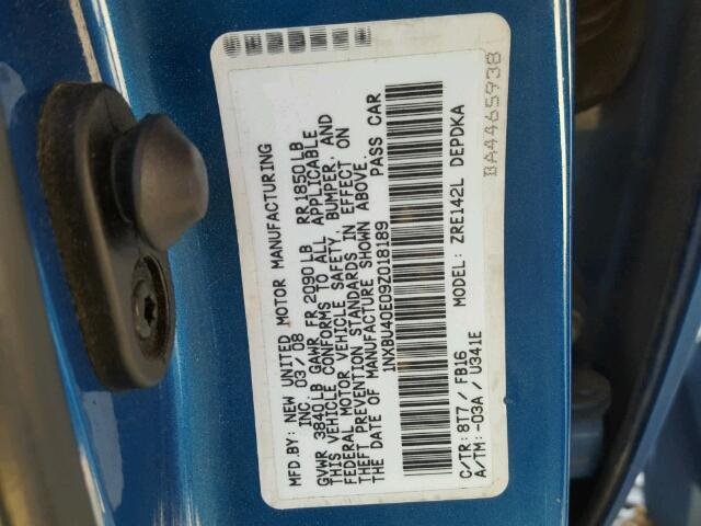 1NXBU40E09Z018189 - 2009 TOYOTA COROLLA BA BLUE photo 10