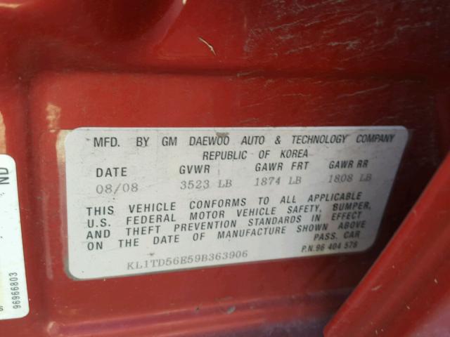 KL1TD56E59B363906 - 2009 CHEVROLET AVEO LS RED photo 10