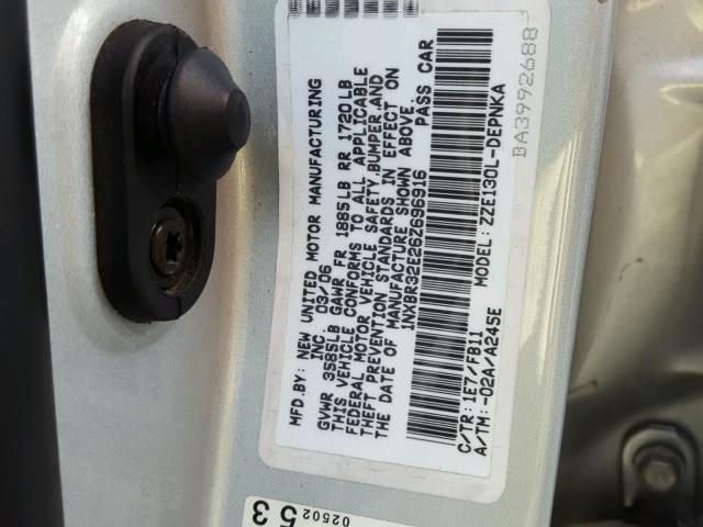 1NXBR32E26Z696916 - 2006 TOYOTA COROLLA CE SILVER photo 10