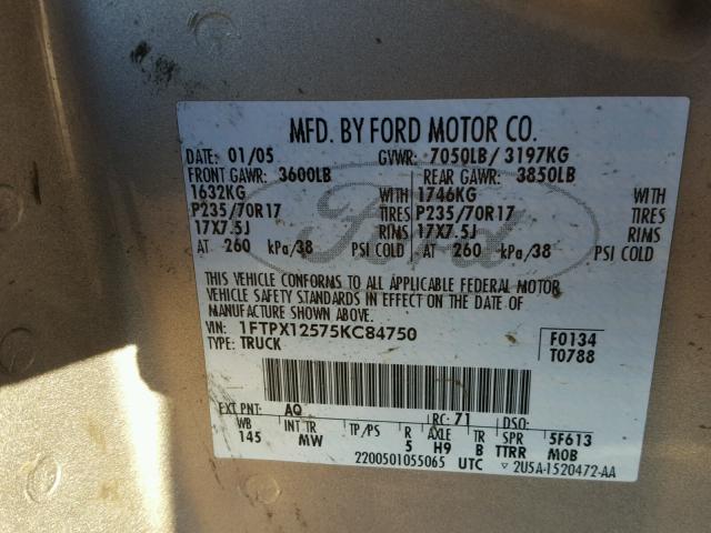 1FTPX12575KC84750 - 2005 FORD F150 TAN photo 10