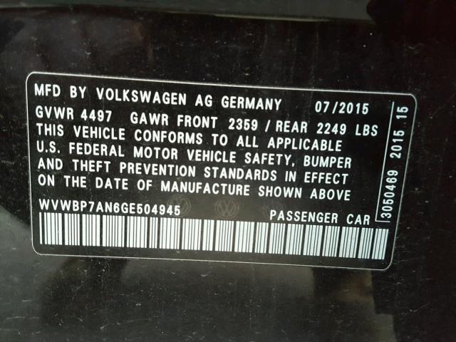 WVWBP7AN6GE504945 - 2016 VOLKSWAGEN CC BASE BLACK photo 10