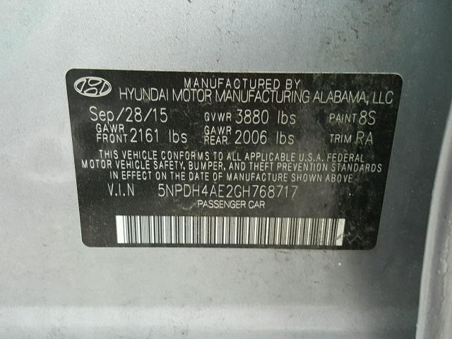 5NPDH4AE2GH768717 - 2016 HYUNDAI ELANTRA SE SILVER photo 10