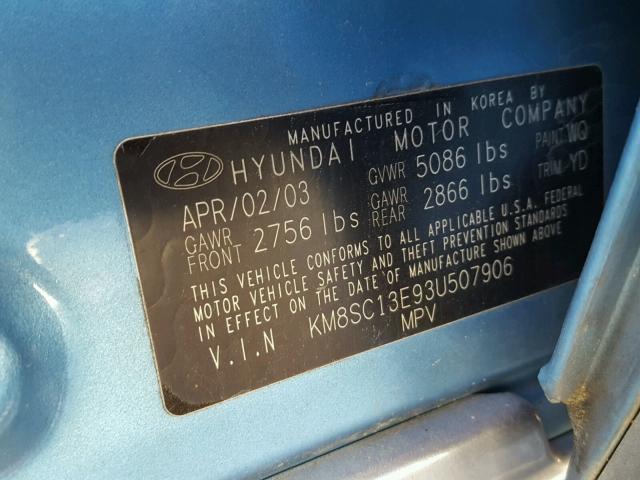 KM8SC13E93U507906 - 2003 HYUNDAI SANTA FE G BLUE photo 10