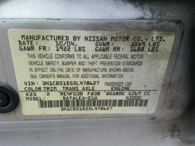 3N1CB51D55L478627 - 2005 NISSAN SENTRA 1.8 GRAY photo 10