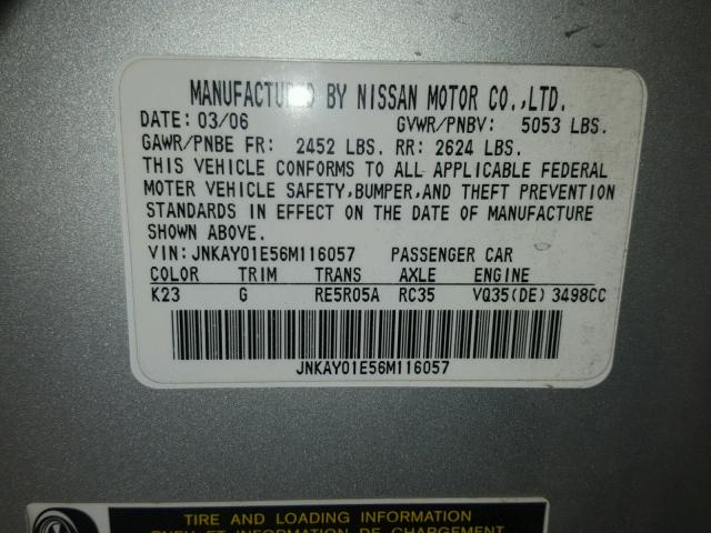 JNKAY01E56M116057 - 2006 INFINITI M35 BASE SILVER photo 10