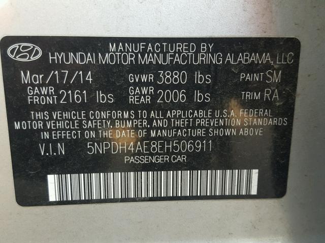 5NPDH4AE8EH506911 - 2014 HYUNDAI ELANTRA SE SILVER photo 10