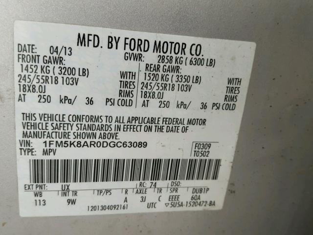 1FM5K8AR0DGC63089 - 2013 FORD EXPLORER P SILVER photo 10