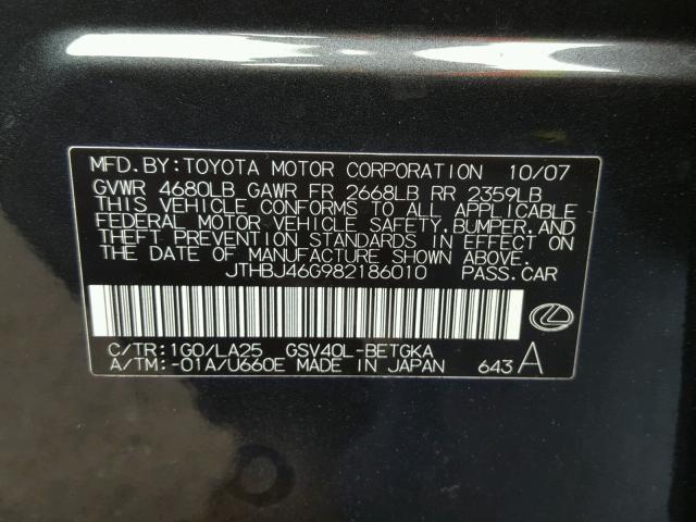 JTHBJ46G982186010 - 2008 LEXUS ES 350 GRAY photo 10