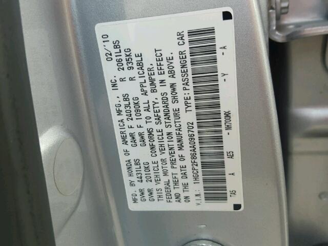 1HGCP2F86AA096702 - 2010 HONDA ACCORD EXL SILVER photo 10