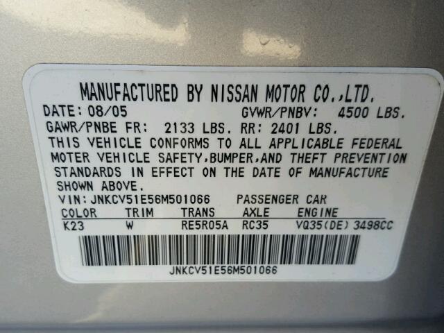 JNKCV51E56M501066 - 2006 INFINITI G35 SILVER photo 10