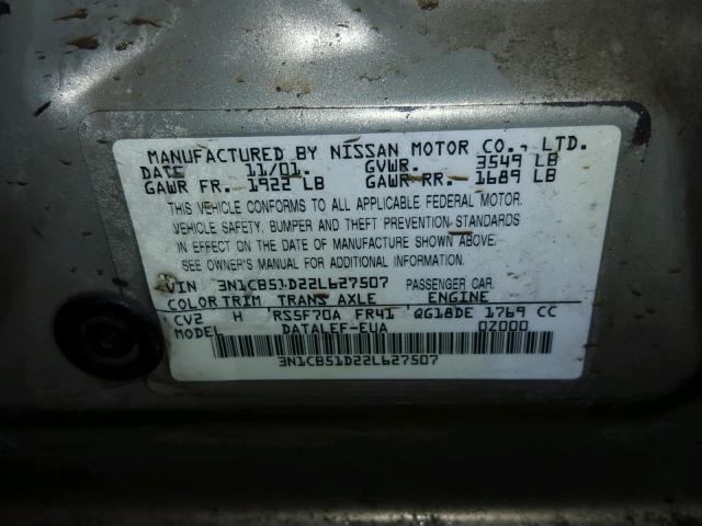 3N1CB51D22L627507 - 2002 NISSAN SENTRA XE TAN photo 10