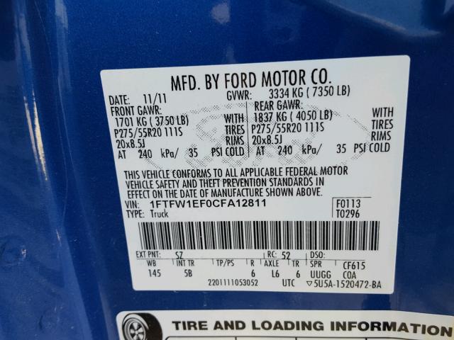 1FTFW1EF0CFA12811 - 2012 FORD F150 SUPER BLUE photo 10