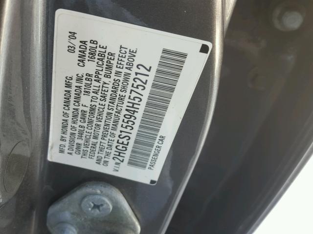 2HGES15594H575212 - 2004 HONDA CIVIC LX GRAY photo 10