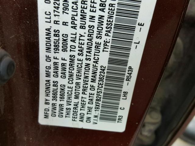 19XFB2F57CE362342 - 2012 HONDA CIVIC LX MAROON photo 10