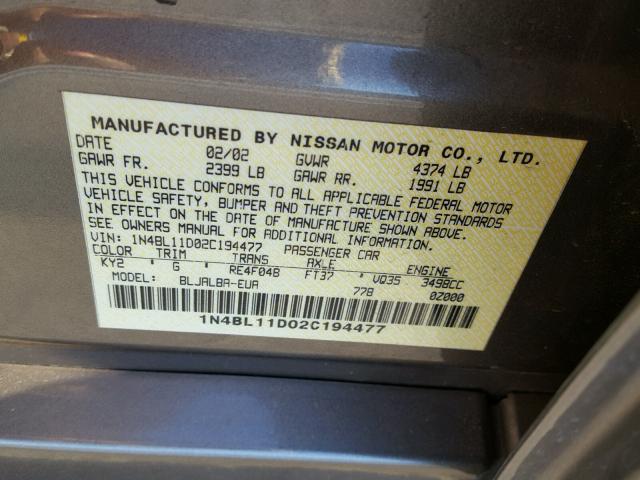 1N4BL11D02C194477 - 2002 NISSAN ALTIMA SE GRAY photo 10