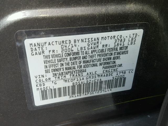 3N1AB7AP5EY239644 - 2014 NISSAN SENTRA S GRAY photo 10