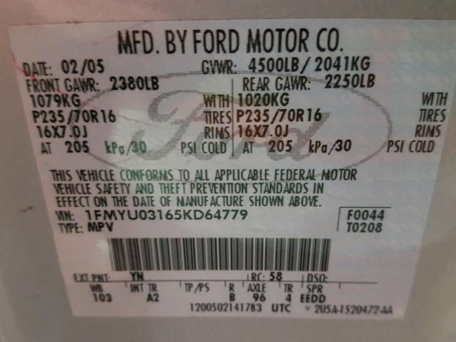 1FMYU03165KD64779 - 2005 FORD ESCAPE XLT SILVER photo 10