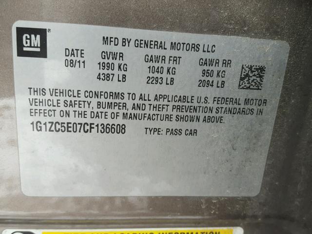 1G1ZC5E07CF136608 - 2012 CHEVROLET MALIBU 1LT Qəhvəyi foto 10