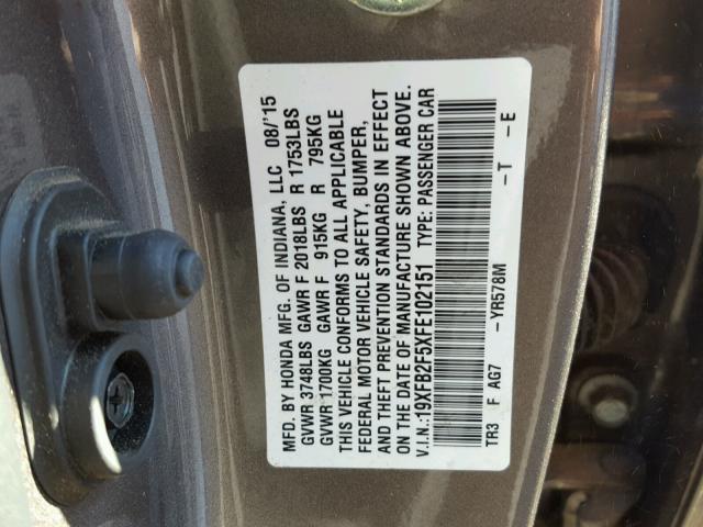 19XFB2F5XFE102151 - 2015 HONDA CIVIC LX BROWN photo 10