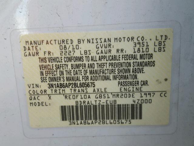 3N1AB6AP2BL605675 - 2011 NISSAN SENTRA 2.0 WHITE photo 10